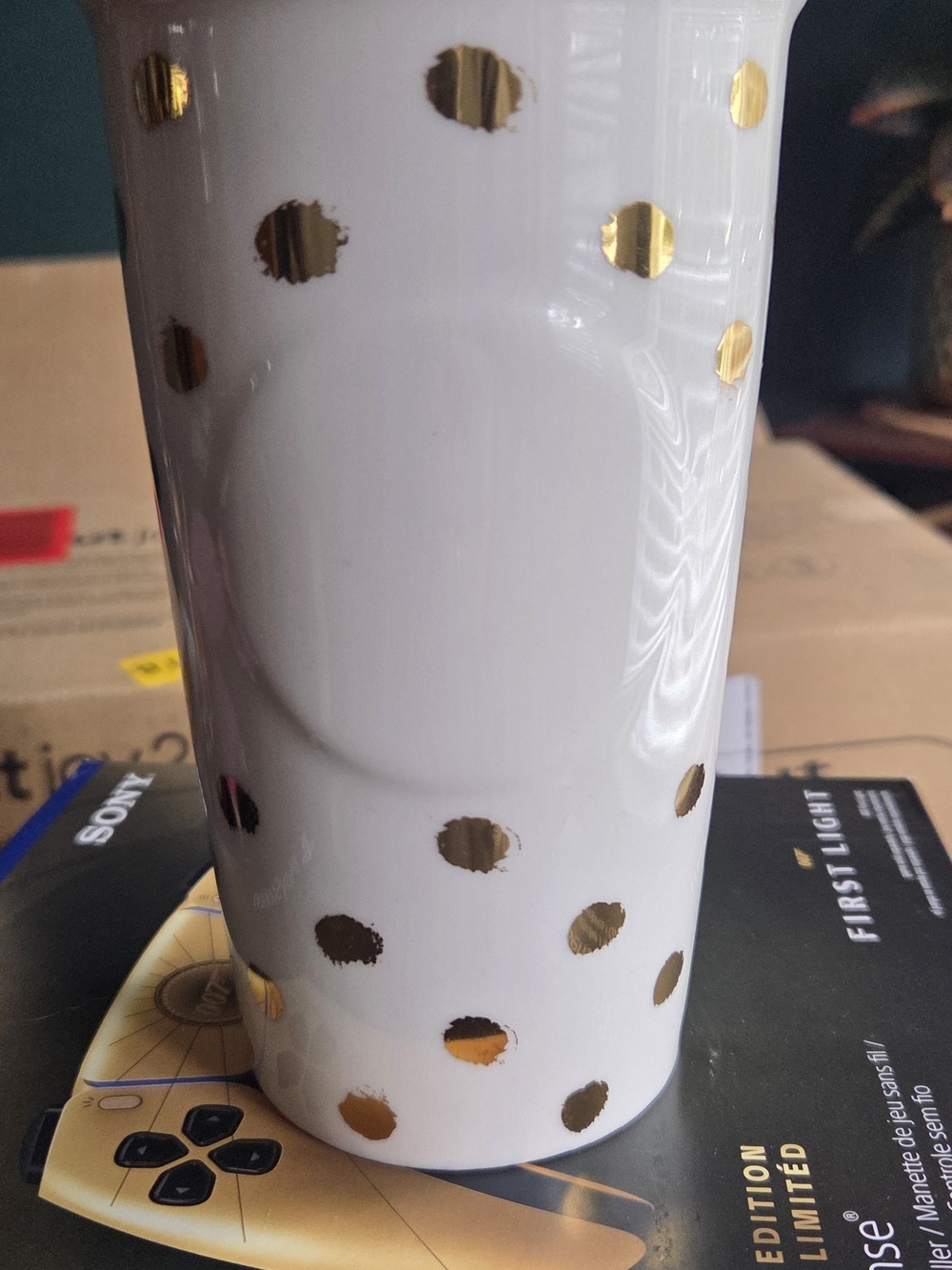 Starbucks White Ceramic Tumbler with Gold Polka Dots
